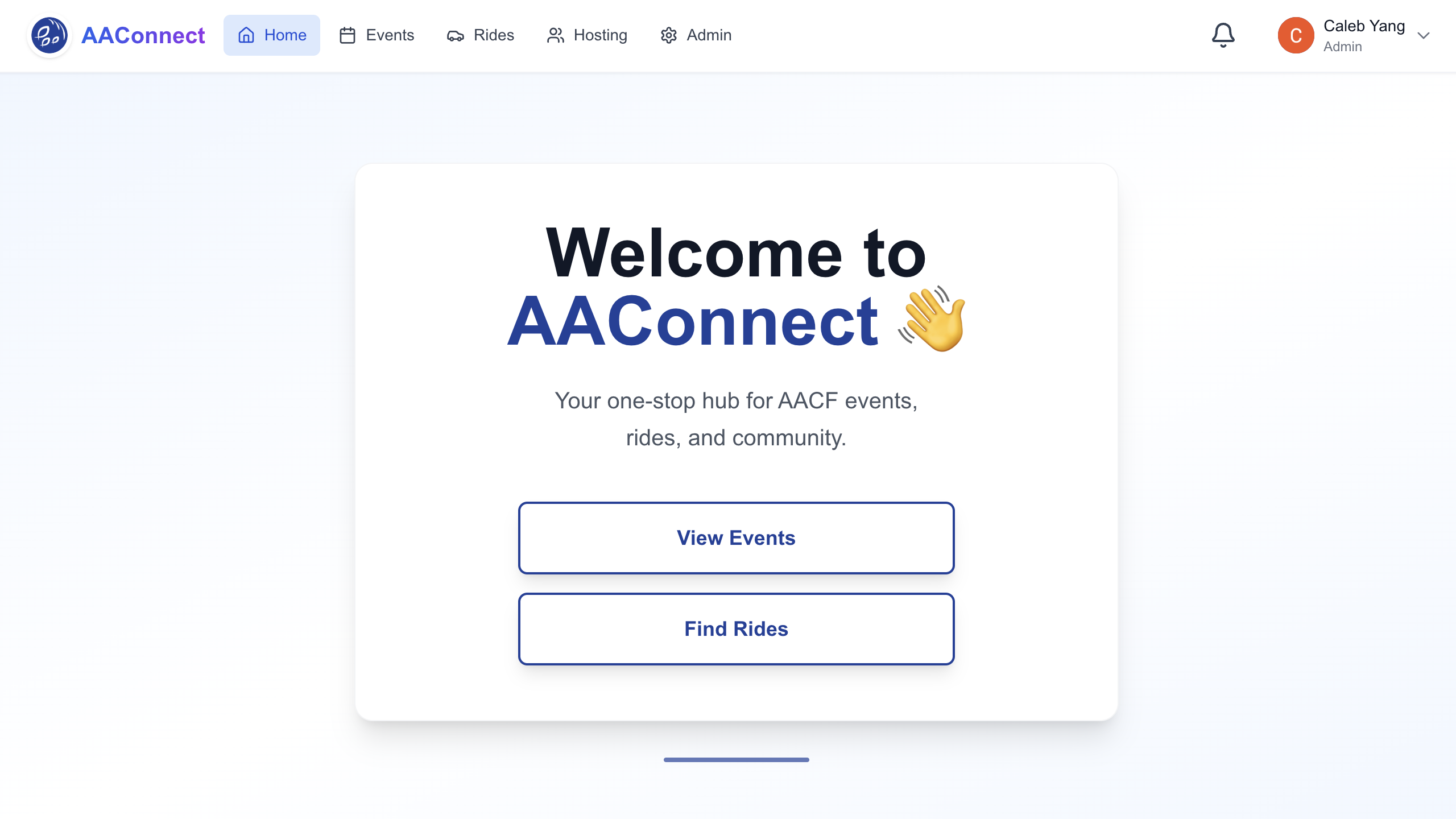 AAConnect app interface showing Quick Actions and Upcoming Events