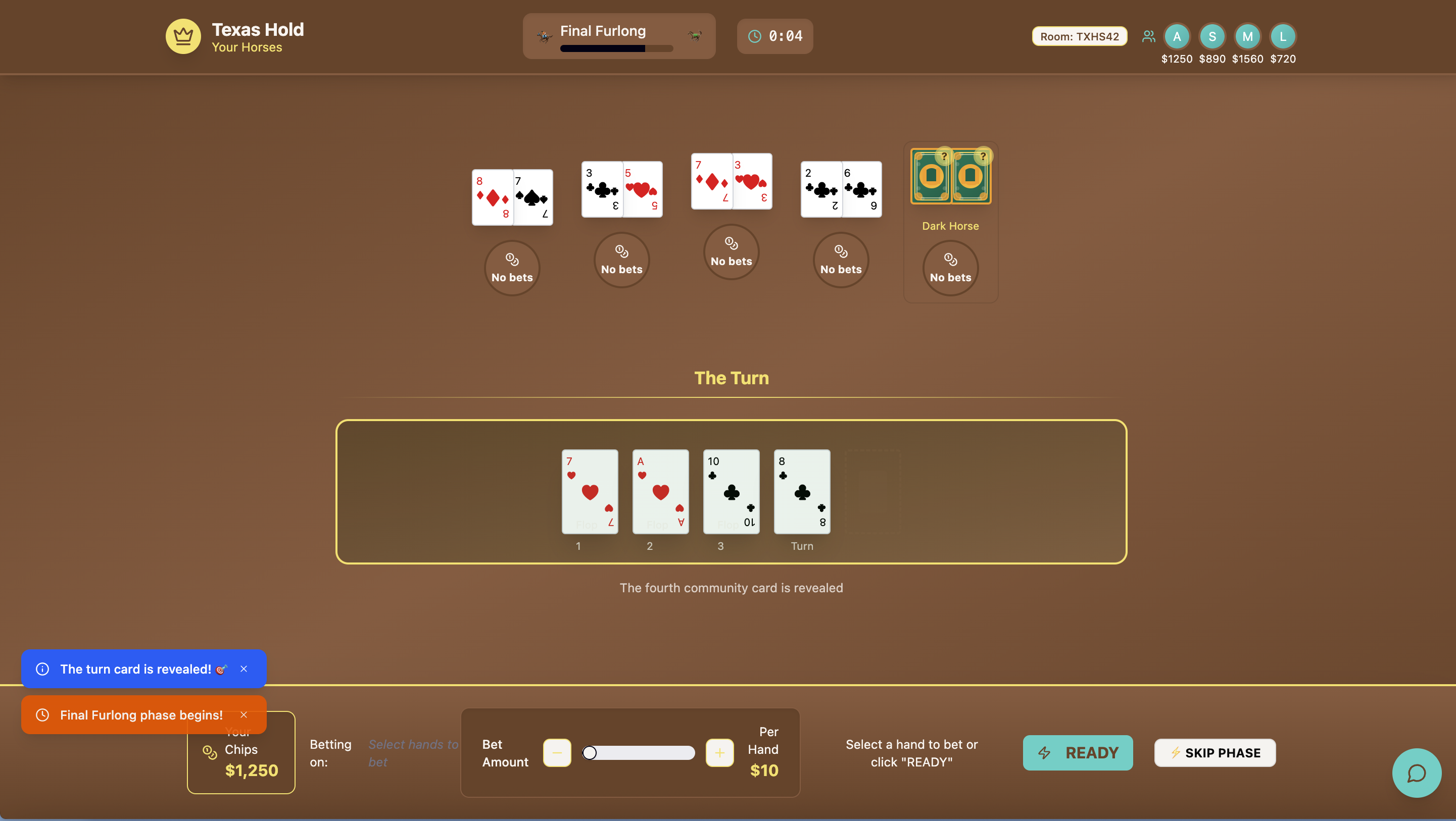 Texas Hold-Your-Horses multiplayer card game interface