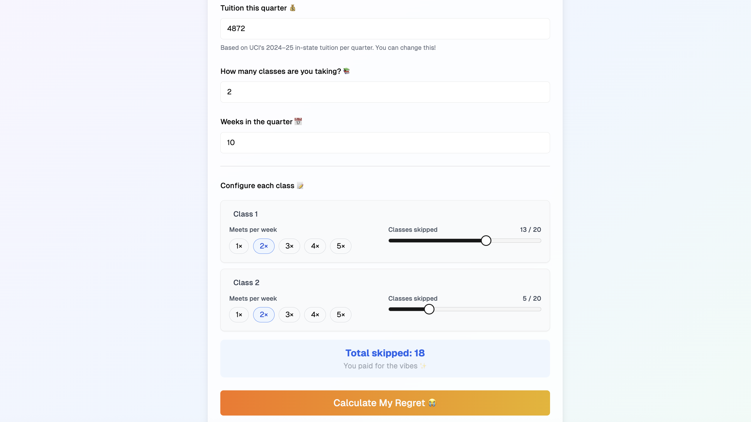 WebRegRet UCI tuition-waste calculator interface